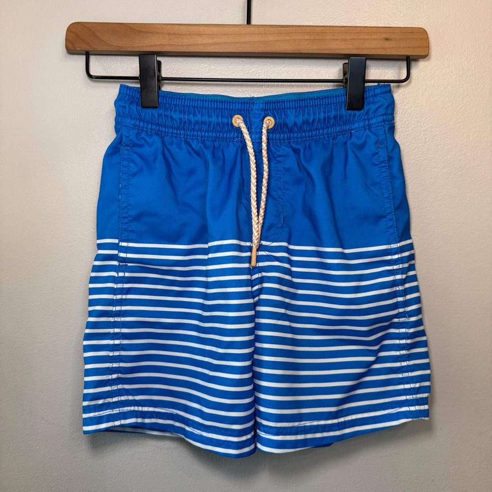 Cat & Jack Boys Blue White Striped Swim Trunks Board Shorts Size S 6/7